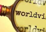 Examine and study worldview, showed as a magnify glass and word worldview to symbolize process of analyzing, exploring, learning and taking a closer look at worldview, 3d illustration.