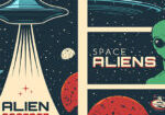 Alien spaceship, extraterrestrial UFO life retro posters. Humanoid alien with green skin and big eyes, flying saucer and fantasy spaceship in outer space, Mars and Saturn planets, Moon vector