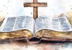 An open bible lies on a table, its pages gently curling, accompanied by a wooden cross, creating a peaceful atmosphere of faith and reflection.