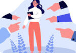 Victim of social bullying. Index fingers pointing at sad depressed woman feeling shame, guilty. Vector illustration for society conviction, denunciation, blame, accusing concept
