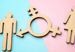Female and male figures with symbol of transgender on color background