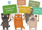 Dogs and cats manifesting and holding placards: Looking for a new home, friends, food, love, hugs. Animal rights protection concept. Vector colorful illustration isolated on white